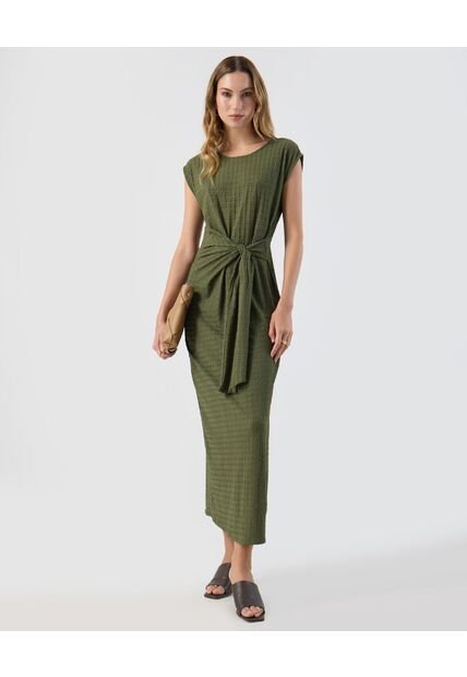 Vestido  Midi Textura Nudo Frontal Elegante  Para Mujer Verde Patprimo
