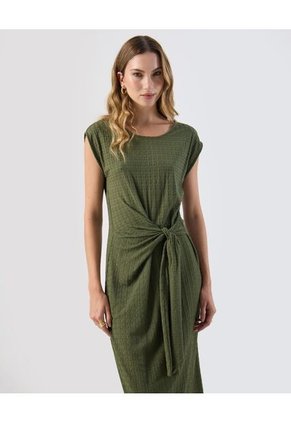 Vestido  Midi Textura Nudo Frontal Elegante  Para Mujer Verde Patprimo