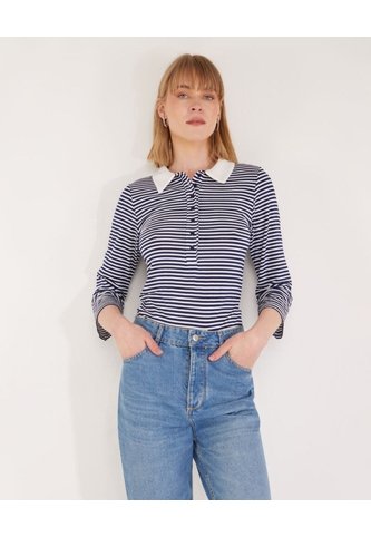 Polo Preteñida A Rayas, Manga 3/4 Con Cuello Duro Y Pechera Unicolor  Para Mujer Azul Patprimo Patprimo