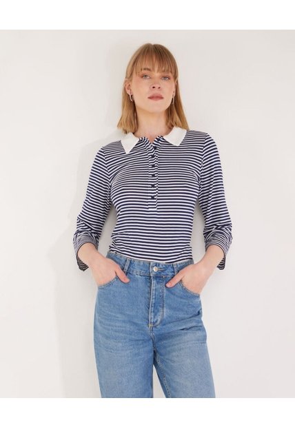 Polo Preteñida A Rayas, Manga 3/4 Con Cuello Duro Y Pechera Unicolor  Para Mujer Azul Patprimo