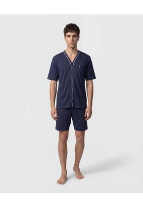 Pijama Corta Abotonada Estampada   Para Hombre Azul Patprimo