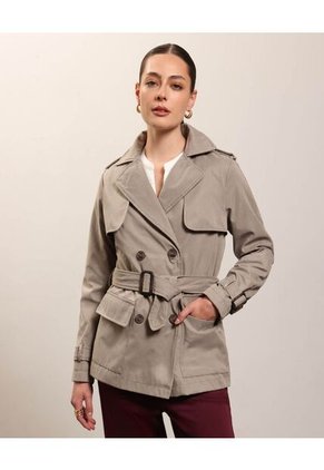 Chaqueta Trench Unicolor Con Cinturon   Para Mujer Gris Patprimo