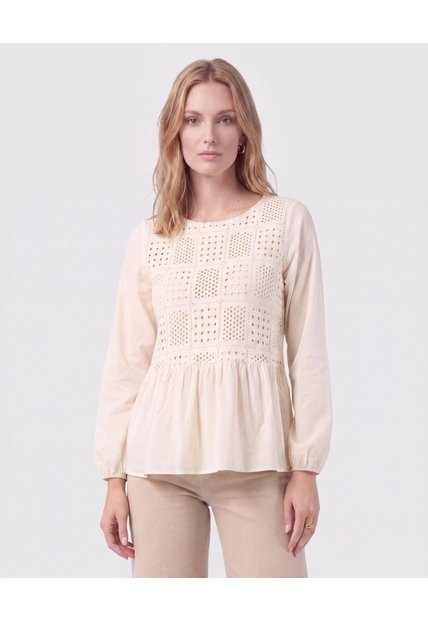 Blusa Unicolor Con Pechera Calada Mujer  Para Mujer Crema Patprimo