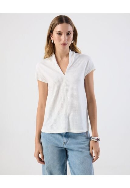 Camiseta Casual Texturizada Escote V   Para Mujer Blanco Patprimo