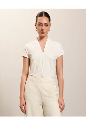 Camiseta Casual Texturizada Escote V   Para Mujer Blanco Patprimo