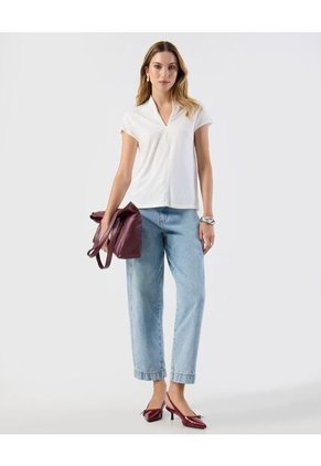 Camiseta Casual Texturizada Escote V   Para Mujer Blanco Patprimo