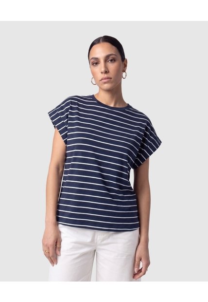 Camiseta Manga Corta A Rayas Para Mujer  Para Mujer Azul Patprimo