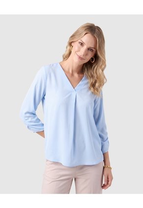Blusa Manga 3/4 Con Escote V Para Mujer Para Mujer Azul Patprimo