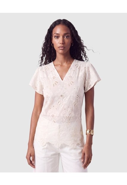 Blusa Con Escote V Y Manga Corta Para Mujer  Para Mujer Crema Patprimo