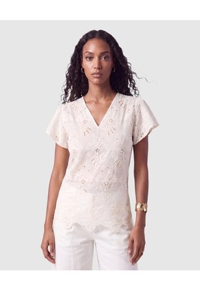 Blusa Con Escote V Y Manga Corta Para Mujer Para Mujer Crema Patprimo