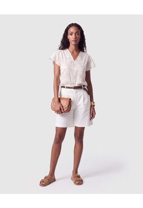 Blusa Con Escote V Y Manga Corta Para Mujer Para Mujer Crema Patprimo