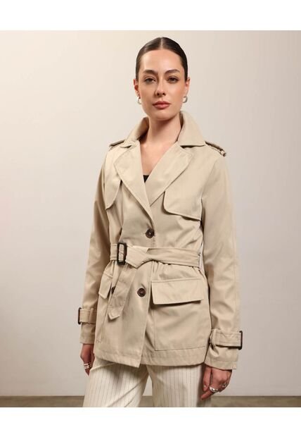 Chaqueta Trench Unicolor Con Cinturon   Para Mujer Crema Patprimo