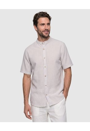 Camisa Manga Corta A Rayas Con Cuello Mao Para Hombre Para Hombre Café Patprimo