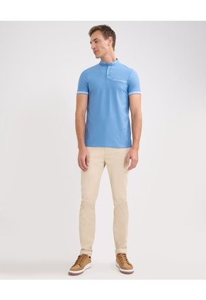 Polo Cuello Mao Con Bolsillo Ribete Texturizada  Para Hombre Azul Patprimo