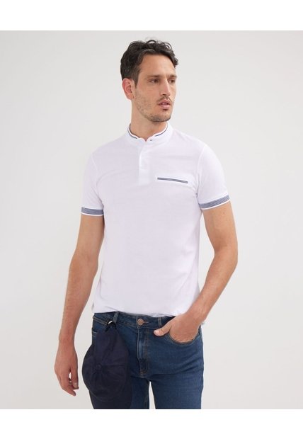 Polo Cuello Mao Unicolor Con Bolsillo Ribete  Para Hombre Blanco Patprimo