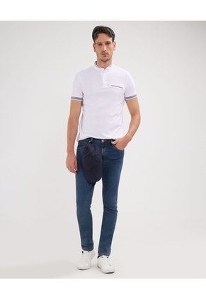 Polo Cuello Mao Unicolor Con Bolsillo Ribete  Para Hombre Blanco Patprimo