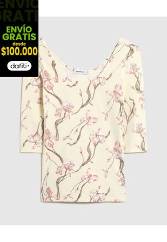 Camiseta  Para Mujer Manga 3/4 Cuello Redondo Color Crema Marca Patprimo #30093854 Patprimo