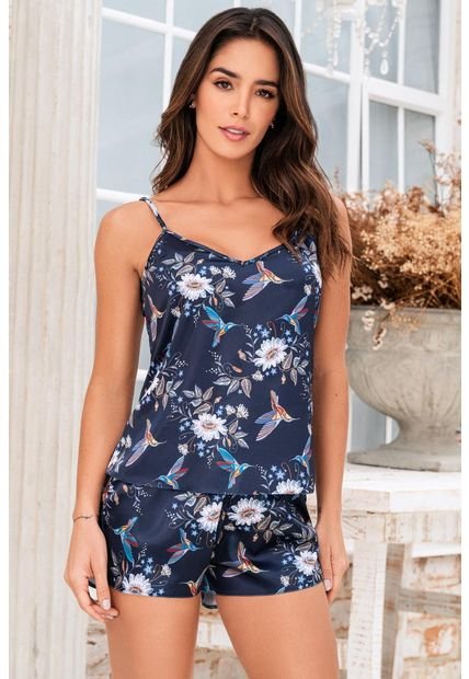 Pijama Short Camisa Satín Azul 11970