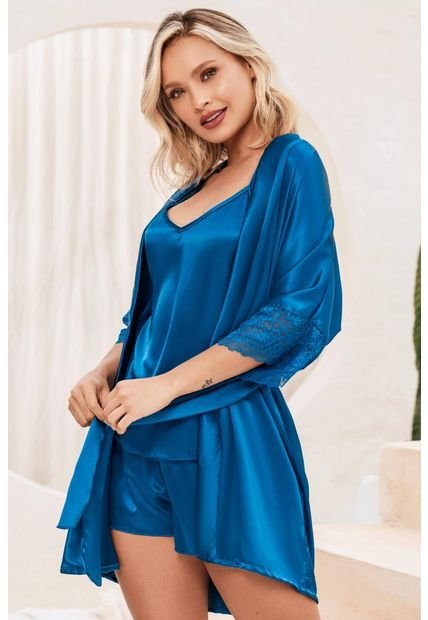 Pijama Kimono Satín Azul 12149 - Azul