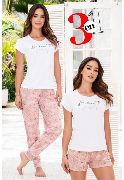 Trio Pijama. Blusa Mas Pantalón Y Short Palo Rosa 12109 - Rosa Claro
