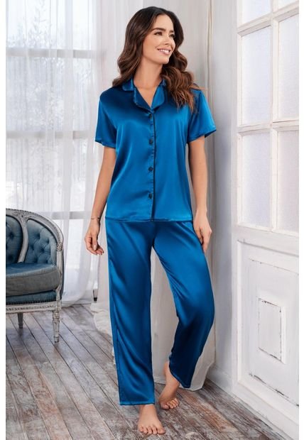 Pijama Conjunto Pantalón Satín Azul 12095 - Azul