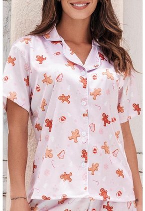 Pijama Short Manga Corta Satín Estampado 12063 Rosa Claro