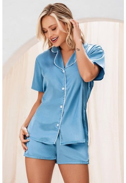 Pijama Short Camisa Satín Azul 12091 - Azul