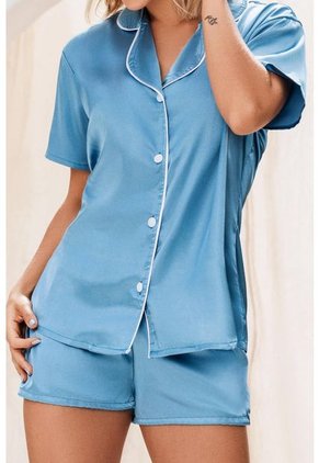 Pijama Short Camisa Satín Azul 12091 - Azul
