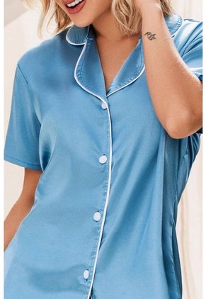 Pijama Short Camisa Satín Azul 12091 - Azul