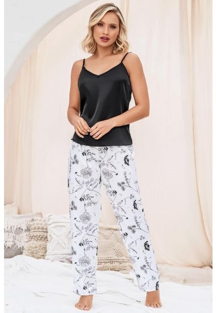 Pijama Conjunto Pantalón Satín Negro 12093 - Negro