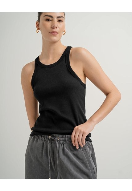 Camiseta Esqueleto Regular Rib Algodón Negra Mujer Negro