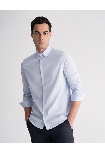 Camisa Manga Larga Slim Algodón Azul Hombre Azul