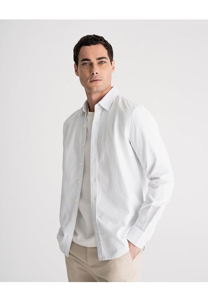 Camisa Manga Larga Slim Algodón Rayas Hombre Blanco