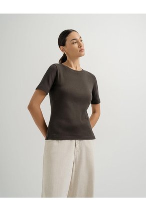 Camiseta Slim Rib Algodón Café Mujer Cafe