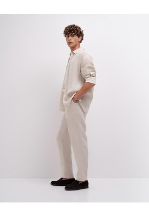 Pantalón Chino Regular Lino Caqui Hombre Beige
