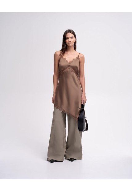 Vestido Asimétrico Satinado Café Mujer Cafe