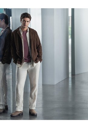 Pantalón Chino Regular Lino Caqui Hombre Beige