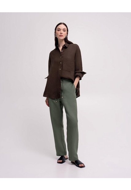 Pantalón Recto Tiro Lino Verde Mujer Verde