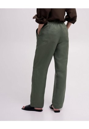 Pantalón Recto Tiro Lino Verde Mujer Verde