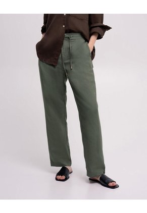 Pantalón Recto Tiro Lino Verde Mujer Verde