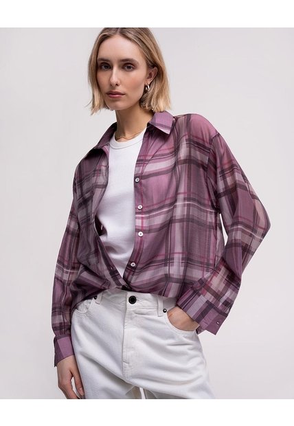 Camisa Manga Larga Oversize Transparencia Cuadros Mujer Rojo