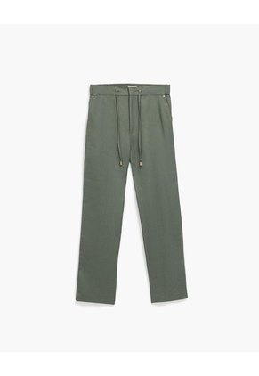 Pantalón Recto Tiro Lino Verde Mujer Verde