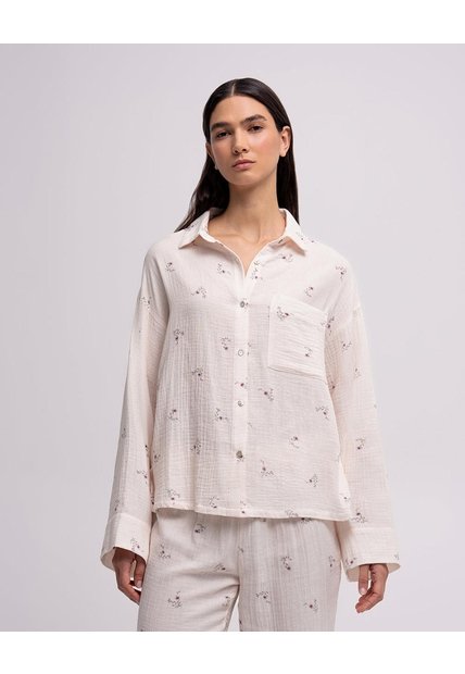 Camisa De Pijama Regular Manga Larga Estampado Mujer Beige