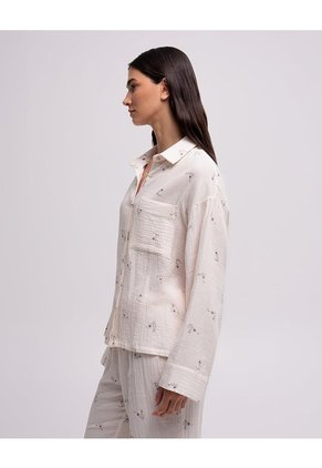 Camisa De Pijama Regular Manga Larga Estampado Mujer Beige