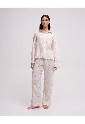 Camisa De Pijama Regular Manga Larga Estampado Mujer Beige