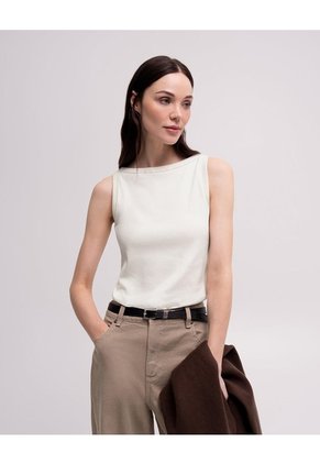 Camiseta Cuello Bandeja Crema Mujer Beige