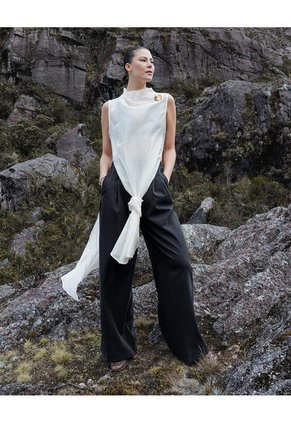 Pantalón Wide Leg Tiro Alto Negro Mujer Negro