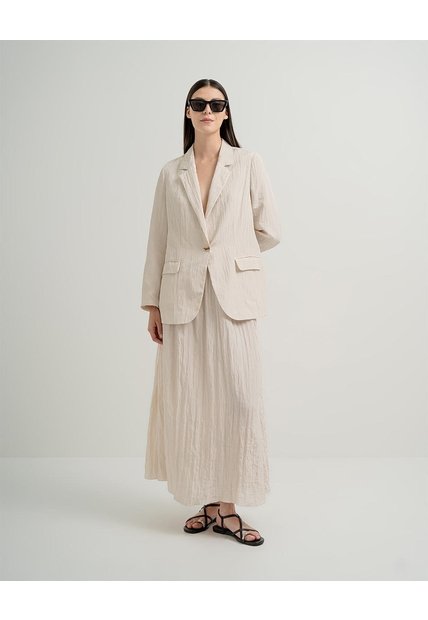Falda Larga Tiro Alto Efecto Arrugado Crema Mujer Beige