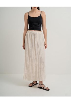 Falda Larga Tiro Alto Efecto Arrugado Crema Mujer Beige