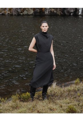 Vestido Midi Cuello Alto Negro Mujer Negro